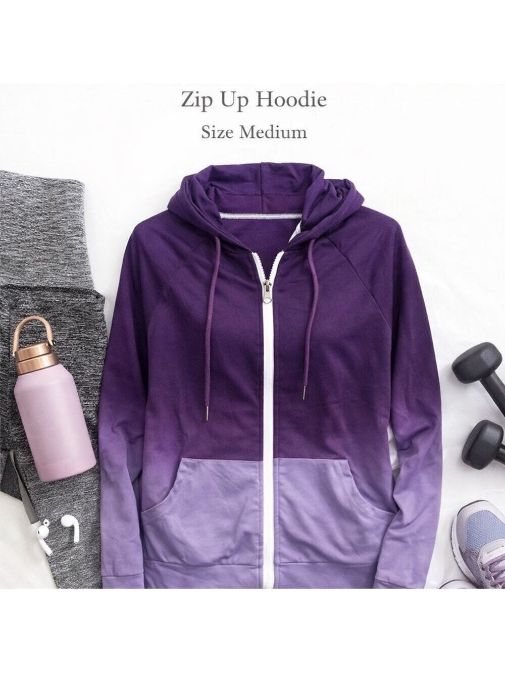 Purple Ombre Zip Up Hoodie Medium Cotton Blend Lightweight Athleisure